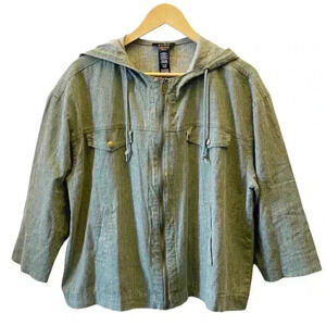 Avon Linen Jacket Cropped Lightweight Spring Fall Hood Olive Green Large